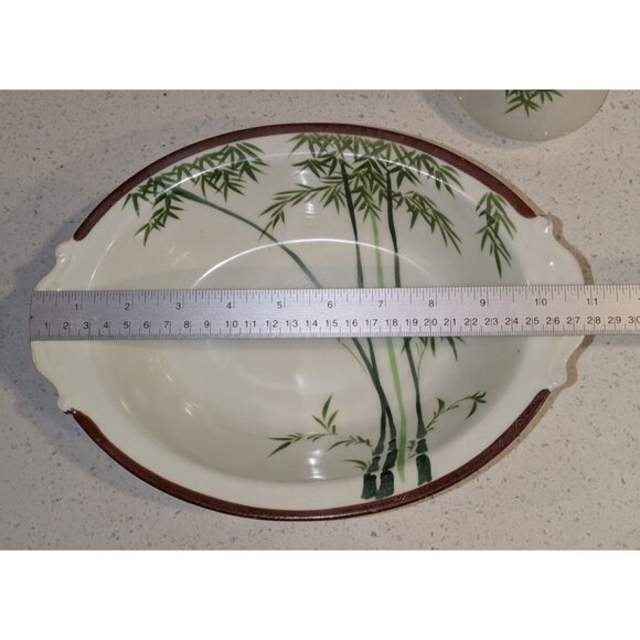 Vintage Japanese Hand-Painted Bamboo Design Oval Bowl two Handles 11 inch Length - Picture 7 of 12